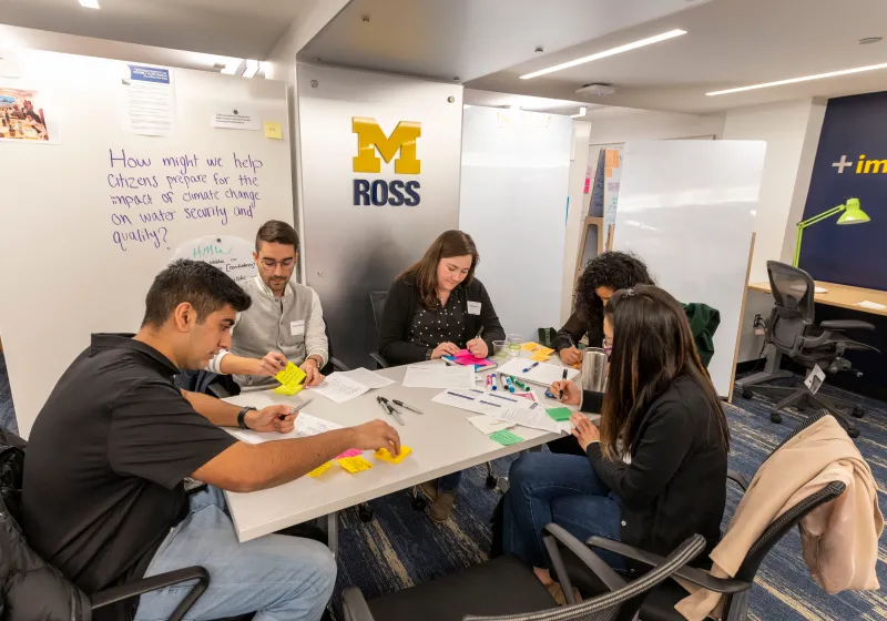 students working together in a small room with whiteboards in the background